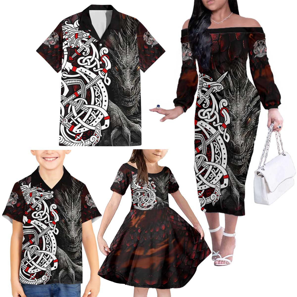 Viking Dragons Family Matching Off The Shoulder Long Sleeve Dress and Hawaiian Shirt Norse Mythology - Wonder Print Shop