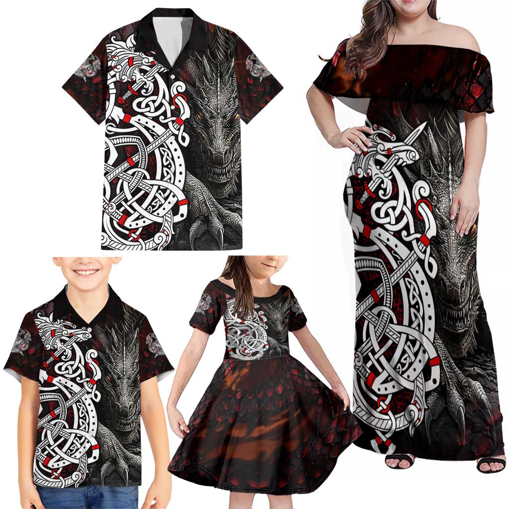 Viking Dragons Family Matching Off Shoulder Maxi Dress and Hawaiian Shirt Norse Mythology - Wonder Print Shop