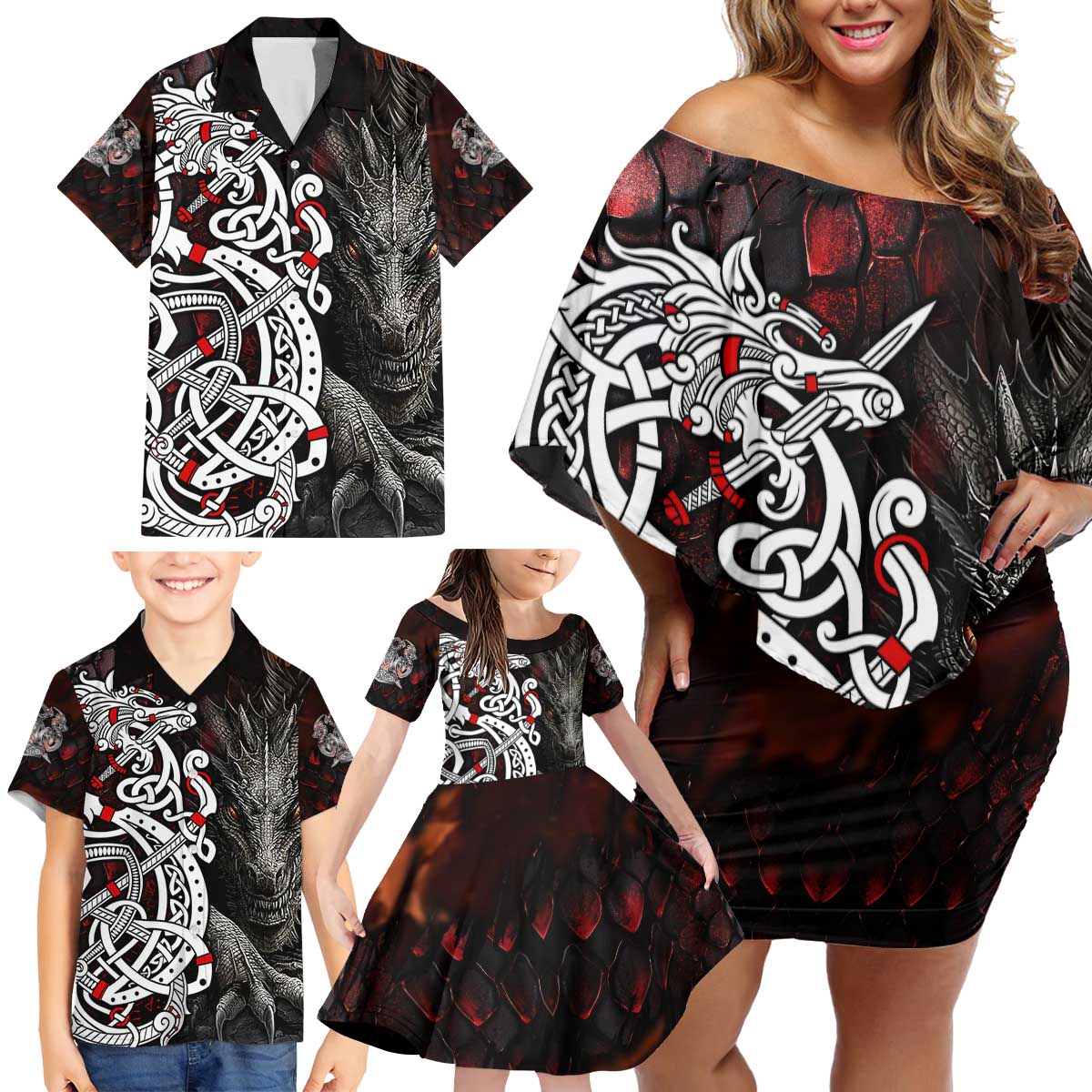 Viking Dragons Family Matching Off Shoulder Short Dress and Hawaiian Shirt Norse Mythology - Wonder Print Shop