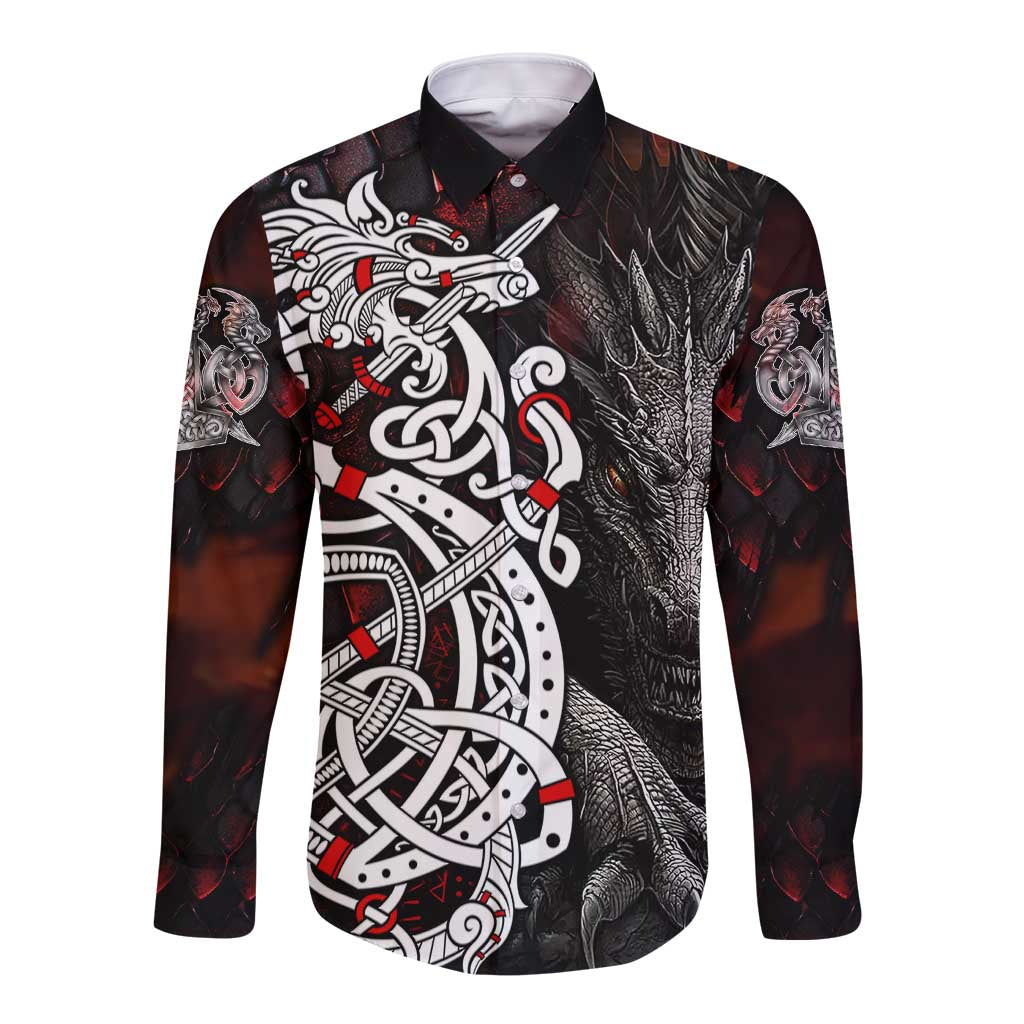 Long-sleeve button shirt, dark red and black with Viking axe and dragon front graphic