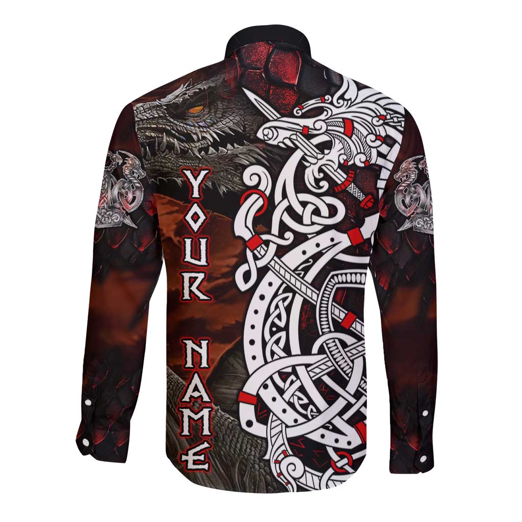Long-sleeve button shirt, dark red and black with Viking dragon skull back print