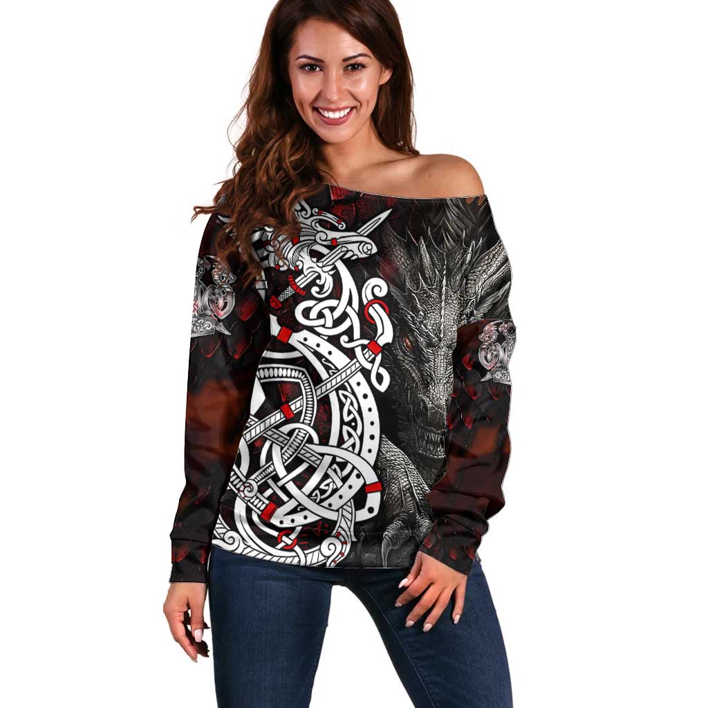 Viking Dragons Off Shoulder Sweater Norse Mythology - Wonder Print Shop