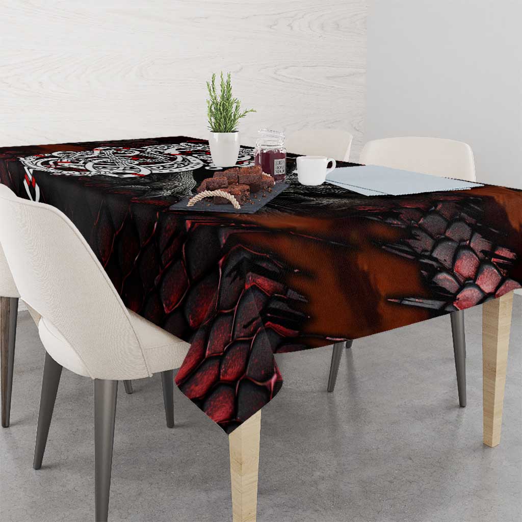 Norse dragon tablecloth with large dragon graphic, dark red and black scales