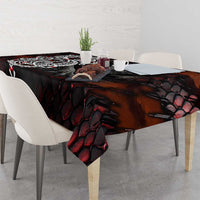 Norse dragon tablecloth with large dragon graphic, dark red and black scales
