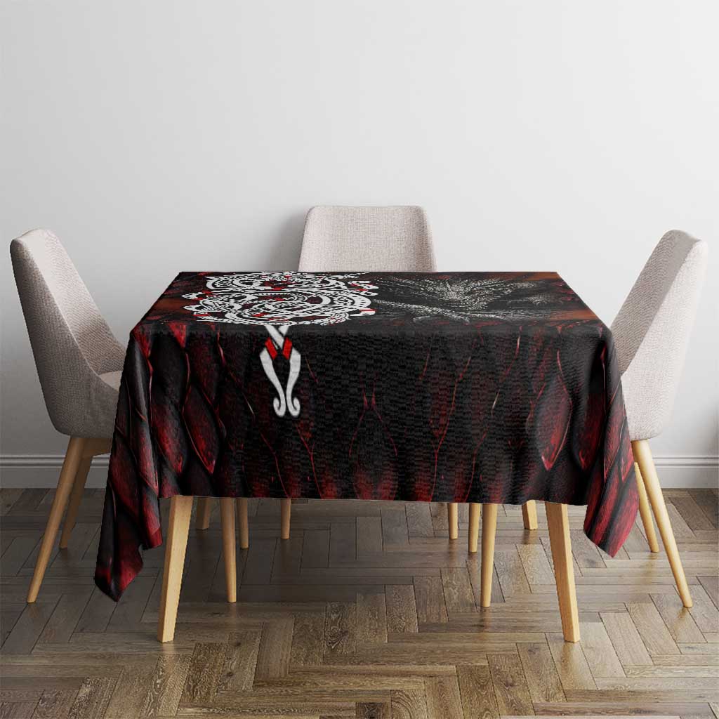 Norse dragon tablecloth on round table, black and dark red with knot emblem