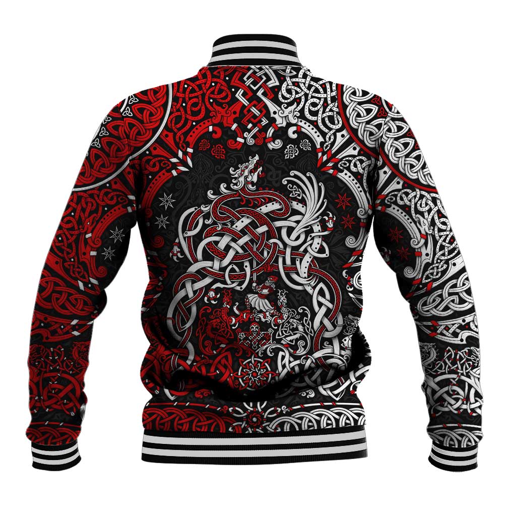 Black-red baseball jacket with white Viking dragon center graphic, ribbed hem and collar