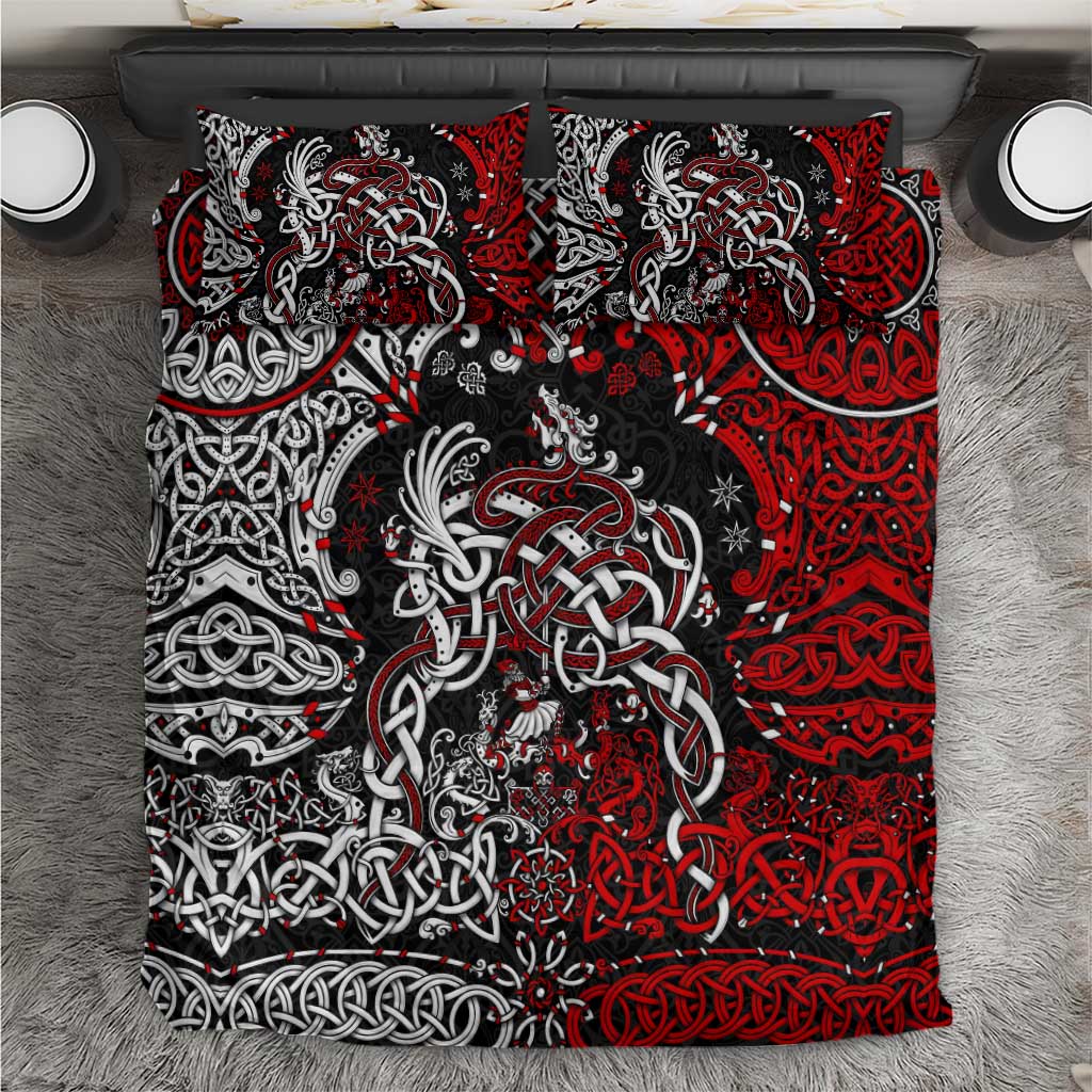 Viking warrior bedding set with red, black and white dragon and knot patterns