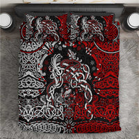 Viking warrior bedding set with red, black and white dragon and knot patterns