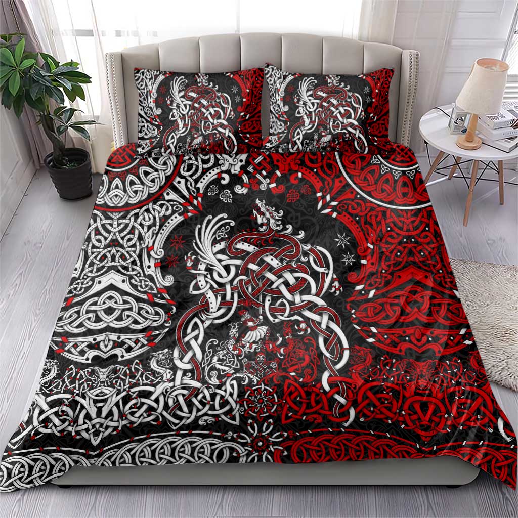 Viking warrior bedding set with red and black duvet cover and matching pillow shams