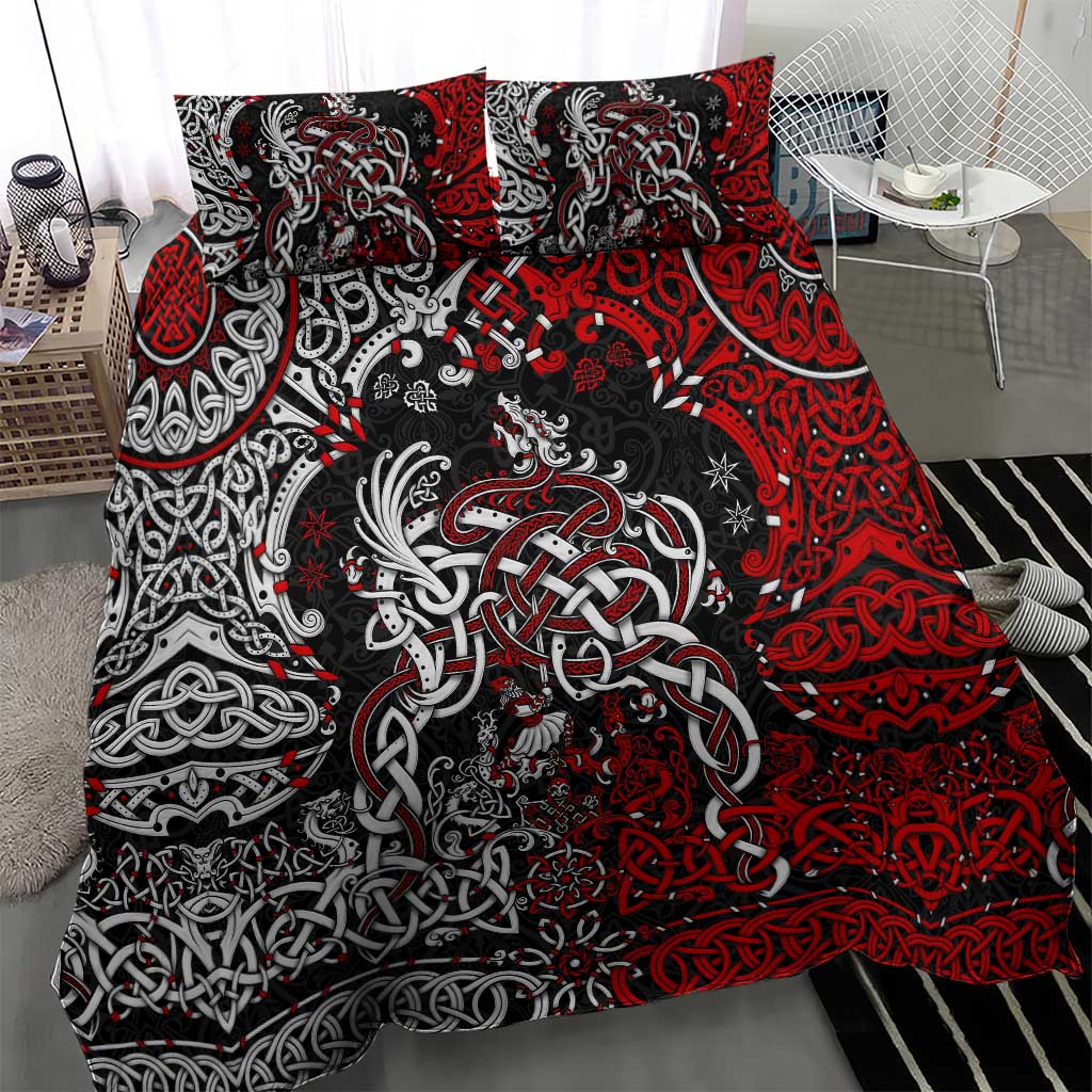 Viking warrior bedding set with red and black duvet cover featuring dragon and braid art
