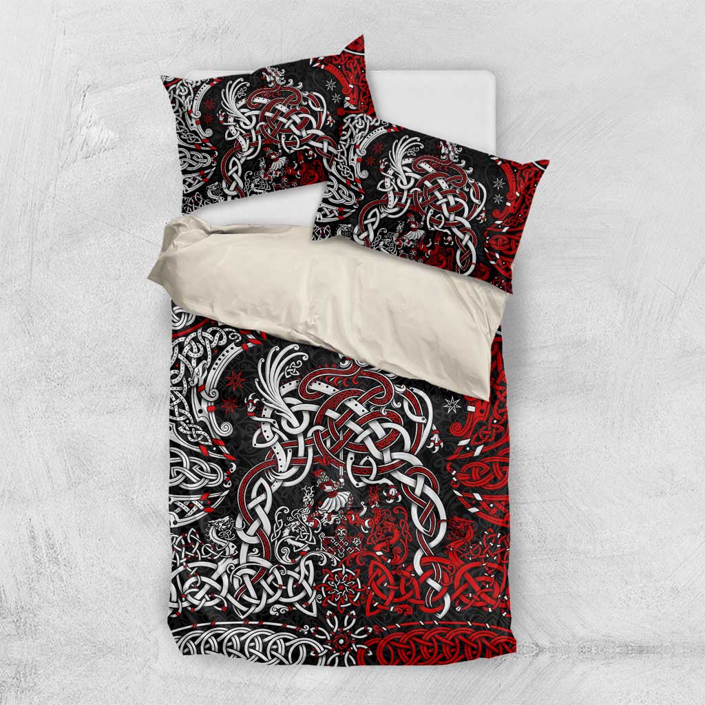 Viking warrior bedding set with duvet cover and two shams in red, black and white