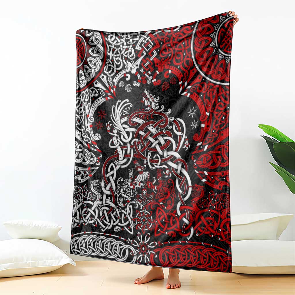Viking warrior blanket, red and black with white dragon and braided knot design
