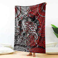 Viking warrior blanket, red and black with white dragon and braided knot design