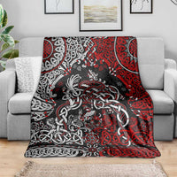 Red, black, and white Viking dragon blanket with central warrior knot illustration