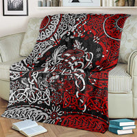 Viking style blanket featuring red and black background with silver-gray dragon knots