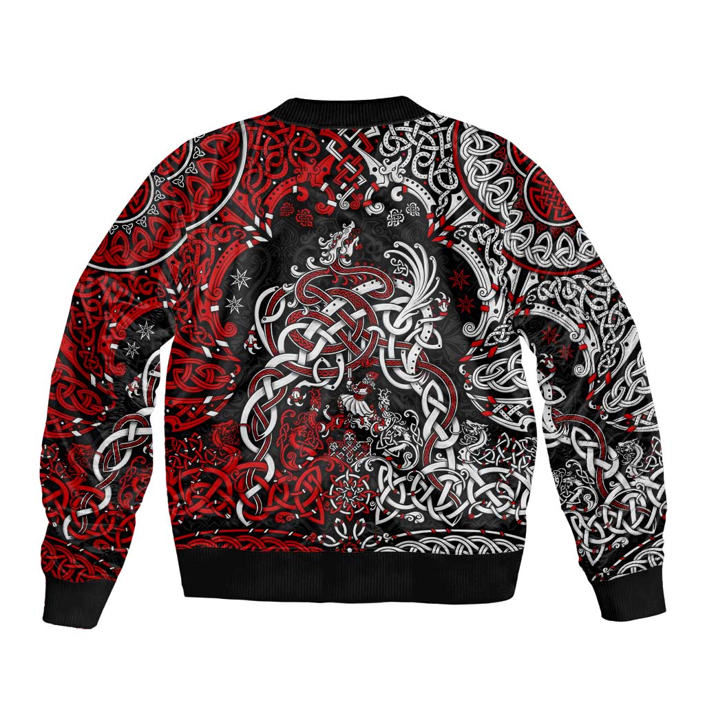 Unisex bomber jacket in red/black with Viking dragon and chain graphic, ribbed hem