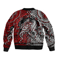Unisex bomber jacket in red/black with Viking dragon and chain graphic, ribbed hem