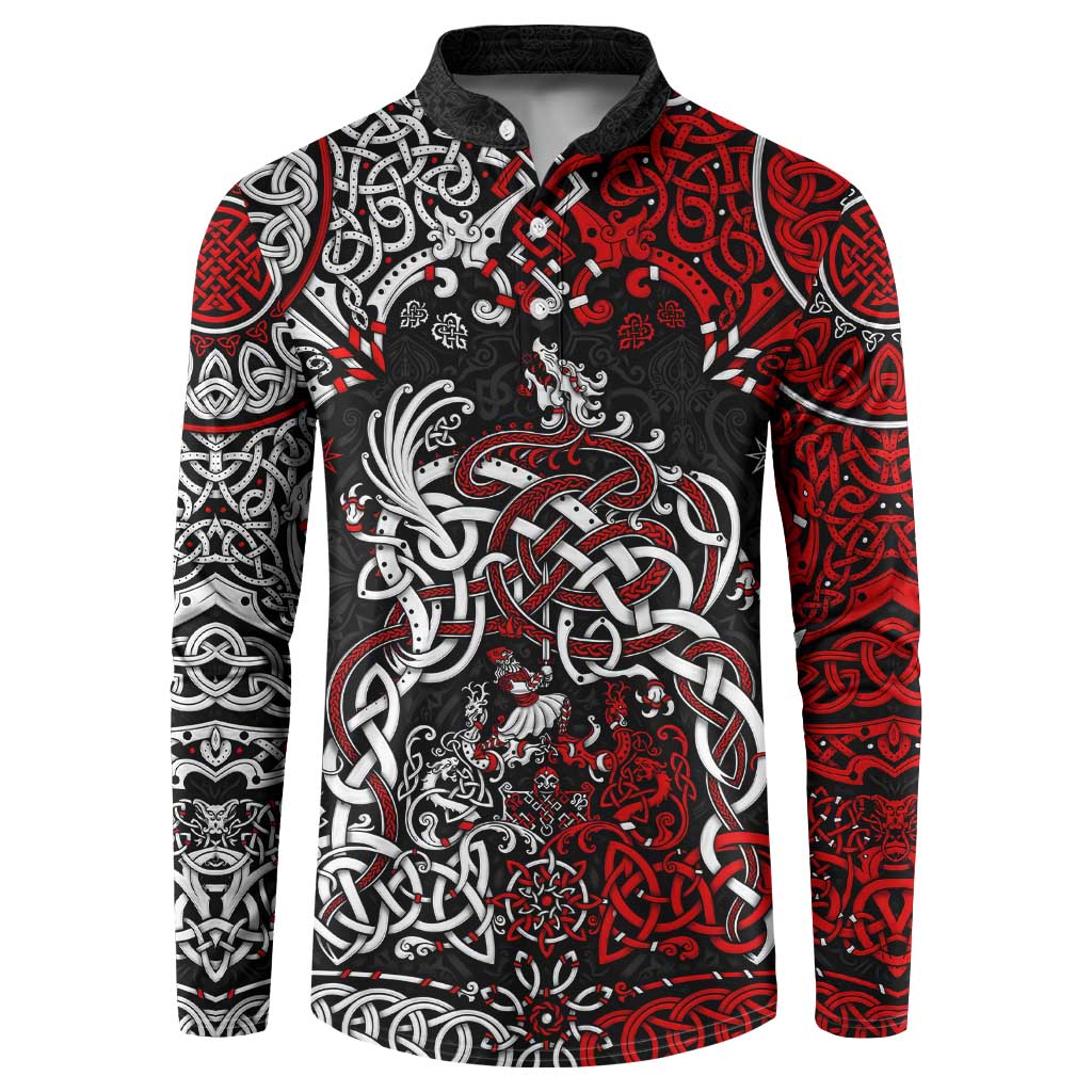 Men's long-sleeve button sweatshirt, black with red and white Viking dragon graphic