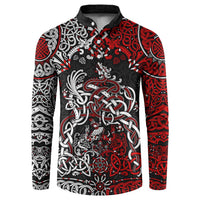 Men's long-sleeve button sweatshirt, black with red and white Viking dragon graphic