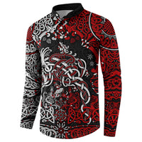 Men's long-sleeve button sweatshirt with red, black, and white Viking dragon print