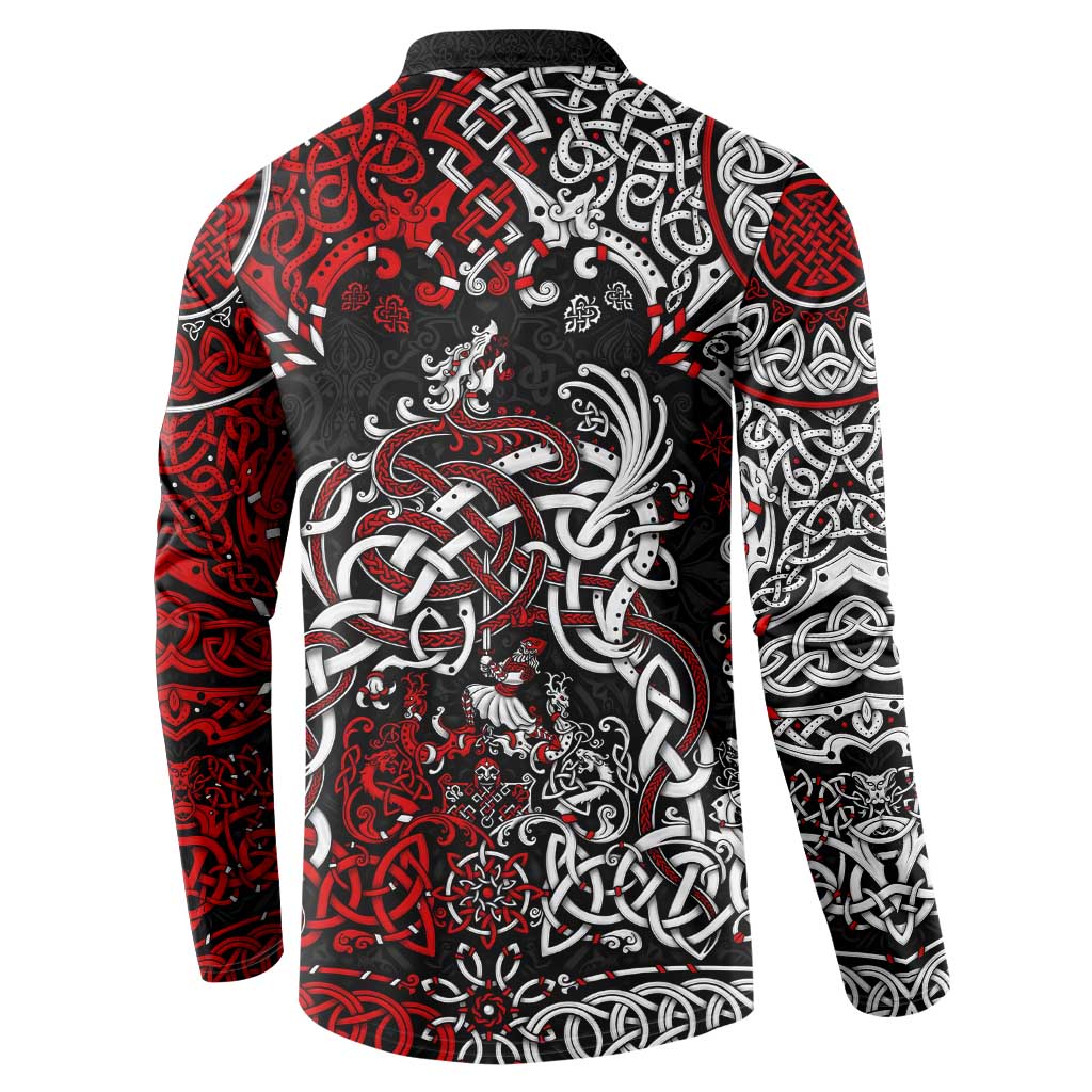 Men's long-sleeve button sweatshirt, black with red and white Viking dragon back print
