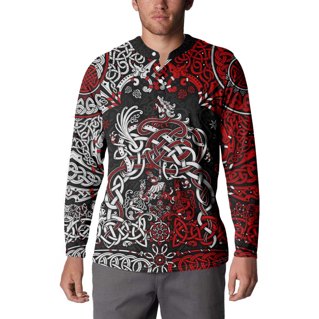 Men's long-sleeve button sweatshirt, black with red and white Viking dragon artwork