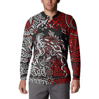 Men's long-sleeve button sweatshirt, black with red and white Viking dragon artwork