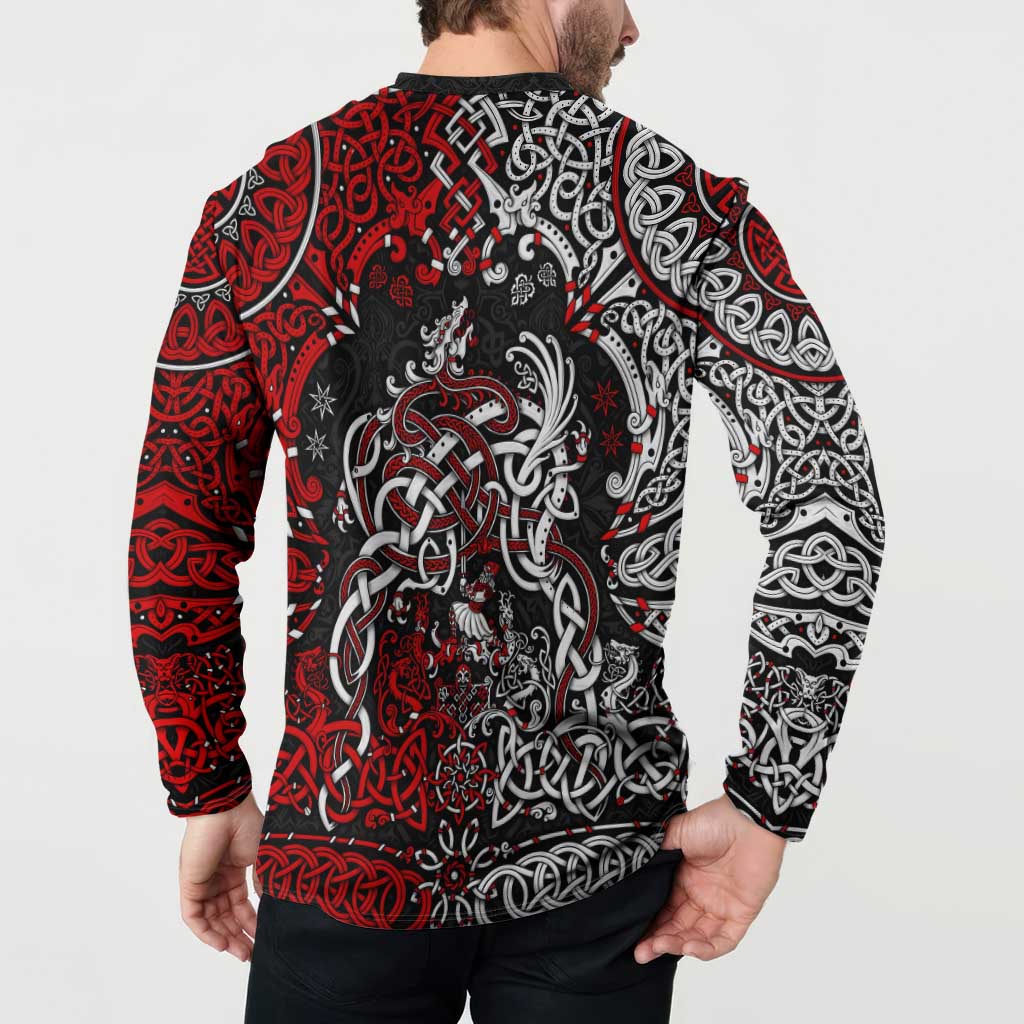 Men's long-sleeve button sweatshirt, black with red and white Viking dragon back design