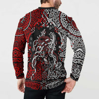 Men's long-sleeve button sweatshirt, black with red and white Viking dragon back design