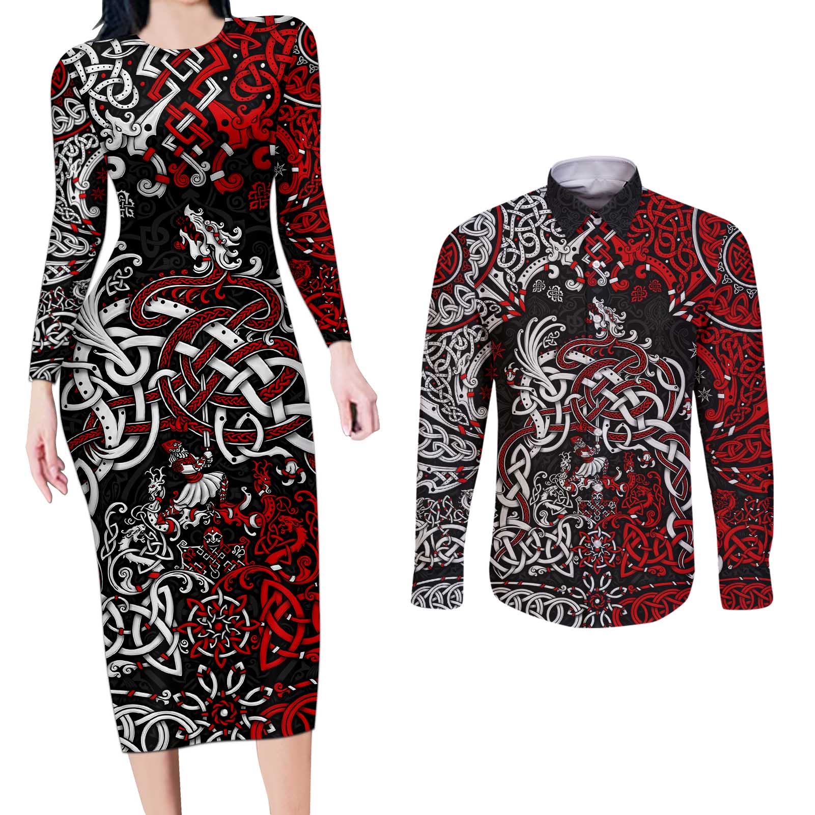 Viking Warrior And Viking Dragons Couples Matching Long Sleeve Bodycon Dress and Long Sleeve Button Shirt - Wonder Print Shop