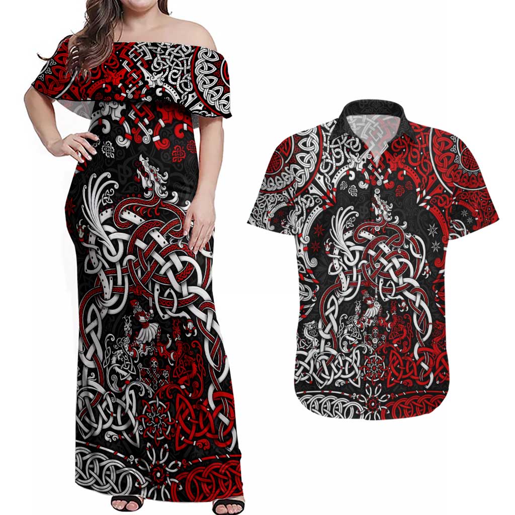 Viking Warrior And Viking Dragons Couples Matching Off Shoulder Maxi Dress and Hawaiian Shirt - Wonder Print Shop