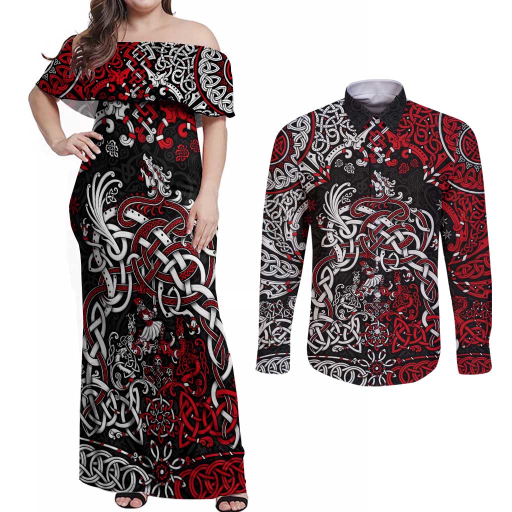 Viking Warrior And Viking Dragons Couples Matching Off Shoulder Maxi Dress and Long Sleeve Button Shirt - Wonder Print Shop