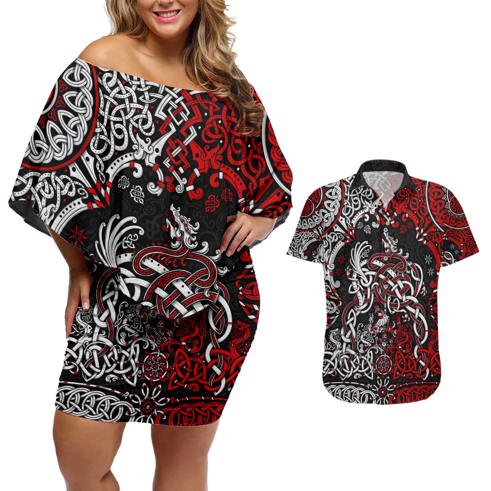 Viking Warrior And Viking Dragons Couples Matching Off Shoulder Short Dress and Hawaiian Shirt - Wonder Print Shop