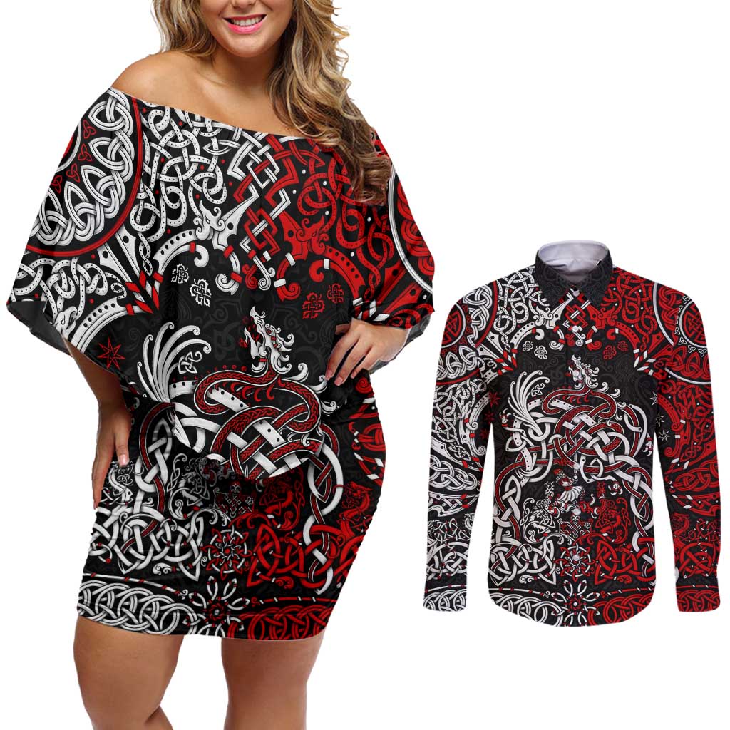 Viking Warrior And Viking Dragons Couples Matching Off Shoulder Short Dress and Long Sleeve Button Shirt - Wonder Print Shop