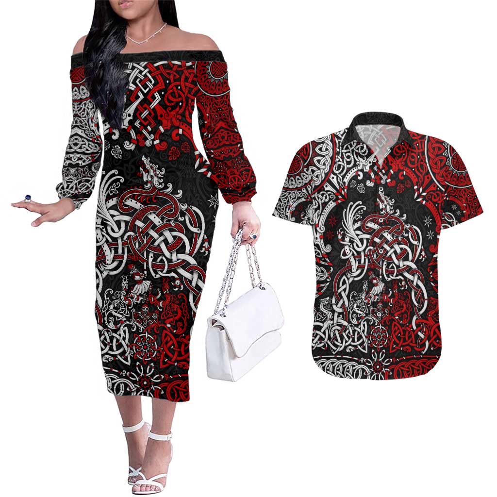 Viking Warrior And Viking Dragons Couples Matching Off The Shoulder Long Sleeve Dress and Hawaiian Shirt - Wonder Print Shop