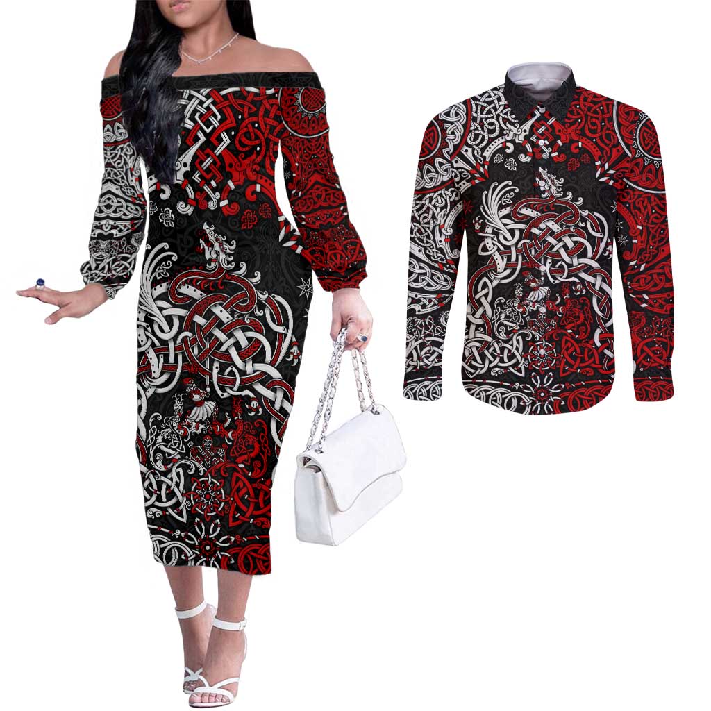 Viking Warrior And Viking Dragons Couples Matching Off The Shoulder Long Sleeve Dress and Long Sleeve Button Shirt