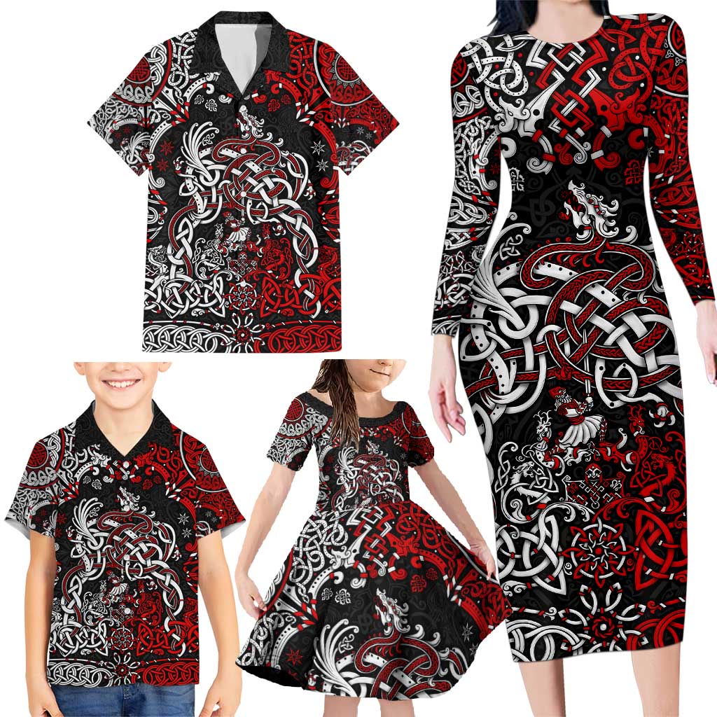 Viking Warrior And Viking Dragons Family Matching Long Sleeve Bodycon Dress and Hawaiian Shirt - Wonder Print Shop