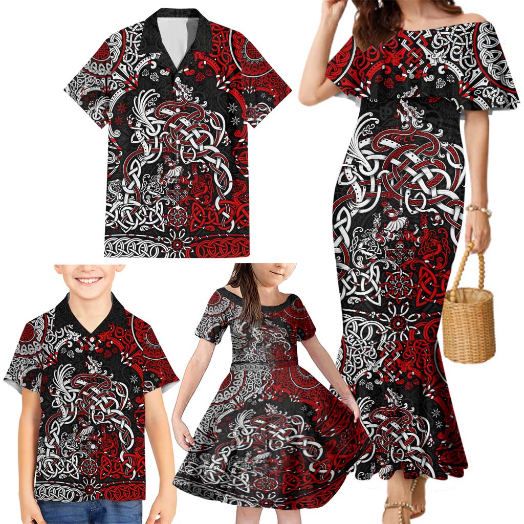 Viking Warrior And Viking Dragons Family Matching Mermaid Dress and Hawaiian Shirt - Wonder Print Shop