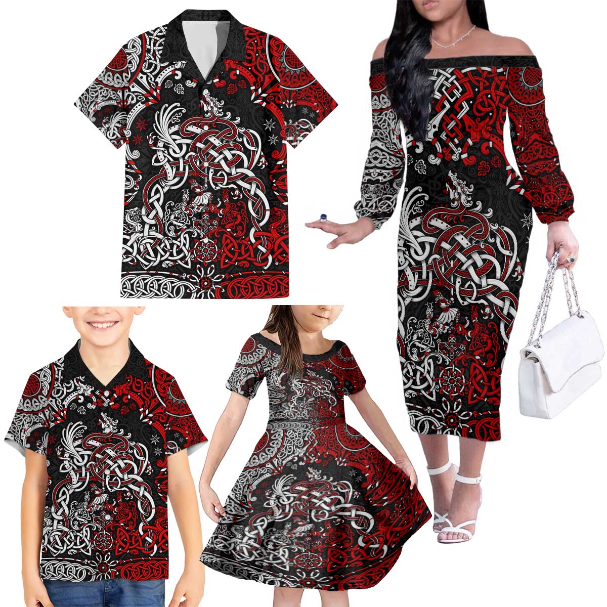 Viking Warrior And Viking Dragons Family Matching Off The Shoulder Long Sleeve Dress and Hawaiian Shirt - Wonder Print Shop