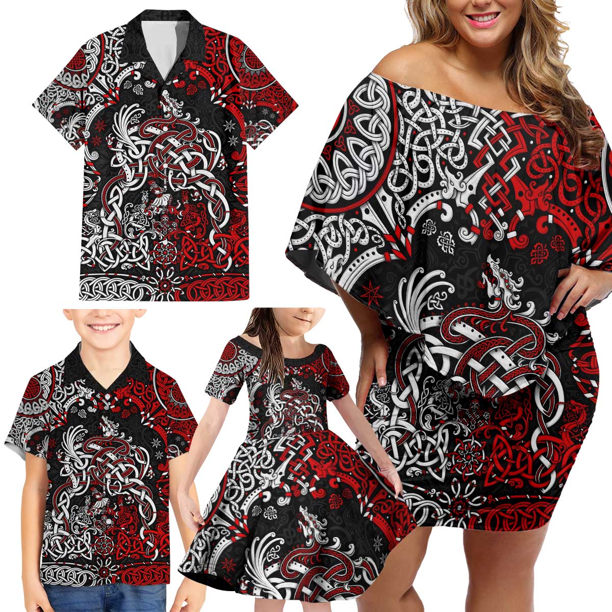 Viking Warrior And Viking Dragons Family Matching Off Shoulder Short Dress and Hawaiian Shirt - Wonder Print Shop