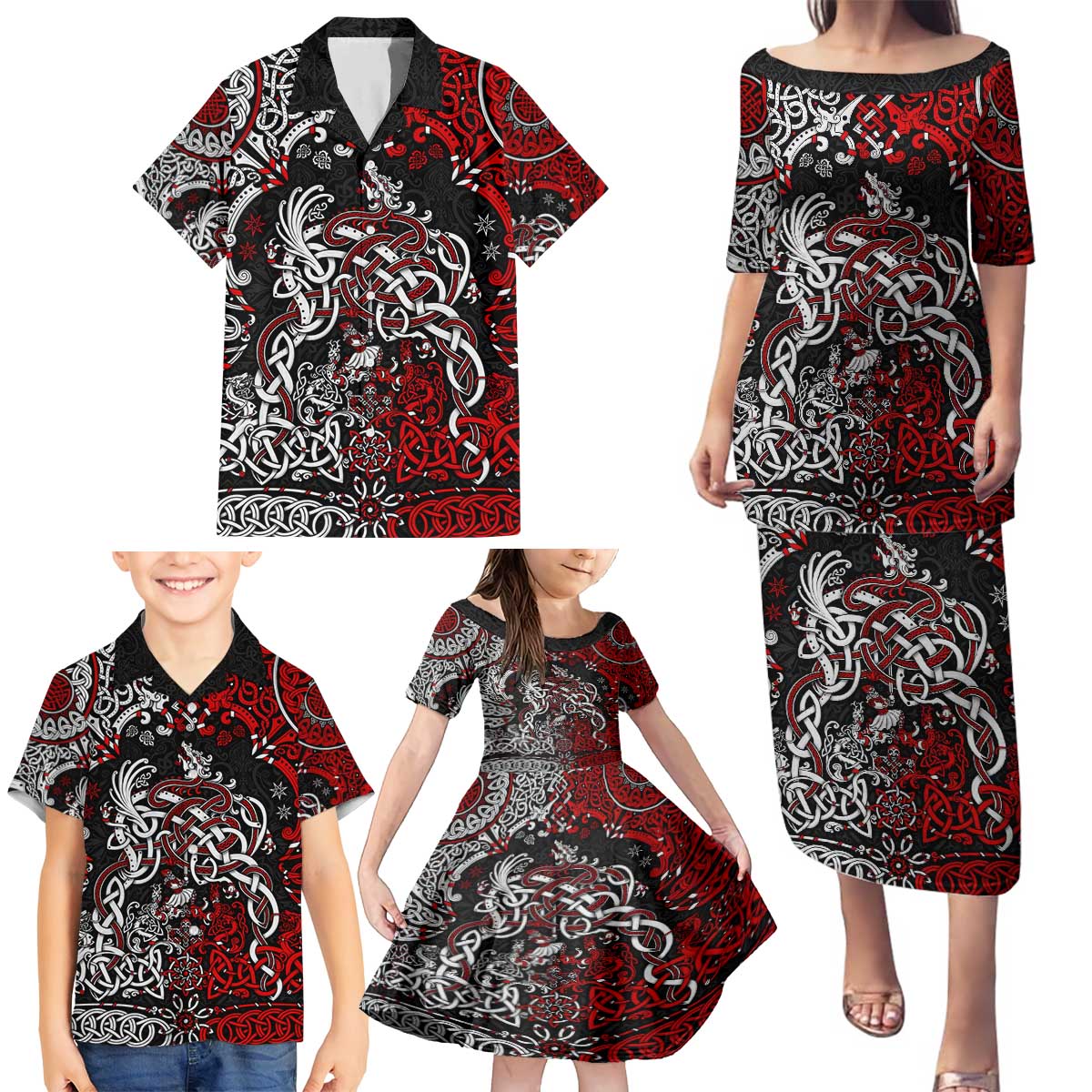 Viking Warrior And Viking Dragons Family Matching Puletasi and Hawaiian Shirt - Wonder Print Shop