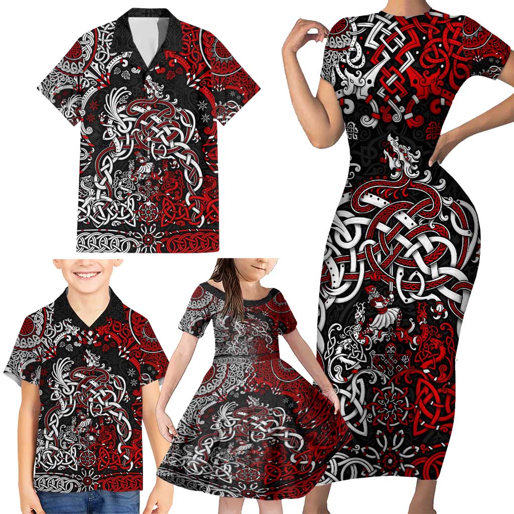 Viking Warrior And Viking Dragons Family Matching Short Sleeve Bodycon Dress and Hawaiian Shirt - Wonder Print Shop