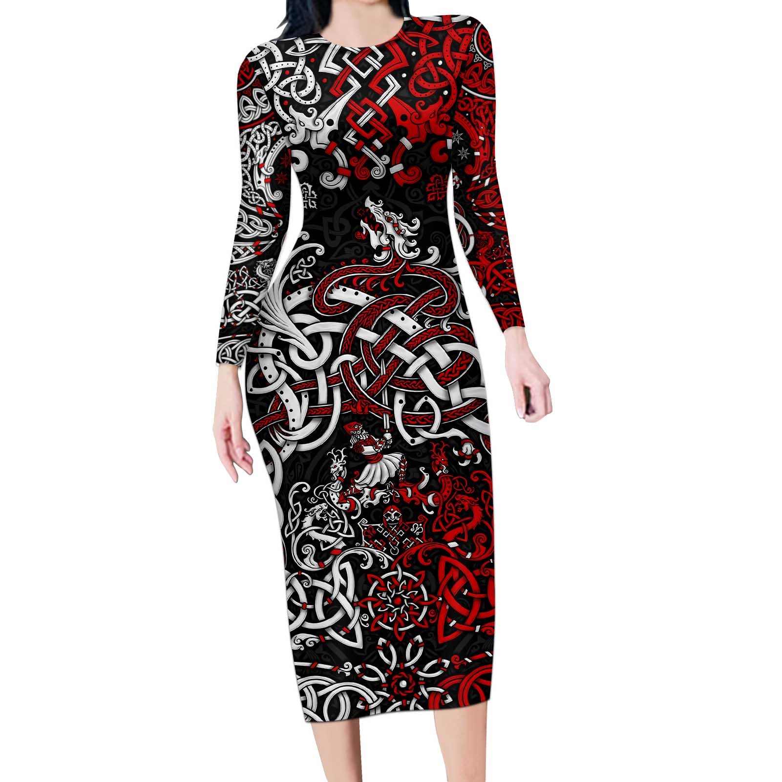 Viking Warrior And Viking Dragons Long Sleeve Bodycon Dress - Wonder Print Shop