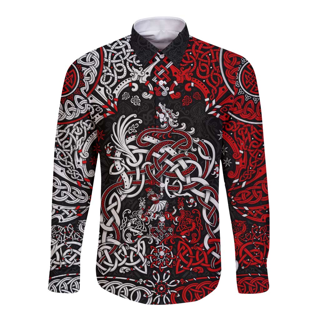 Unisex long-sleeve button shirt with Viking dragon print, red black and white front