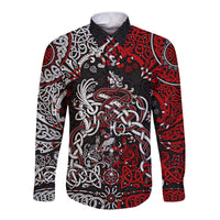Unisex long-sleeve button shirt with Viking dragon print, red black and white front