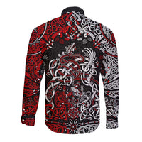 Unisex long-sleeve button shirt, Viking dragon back print in red black and white