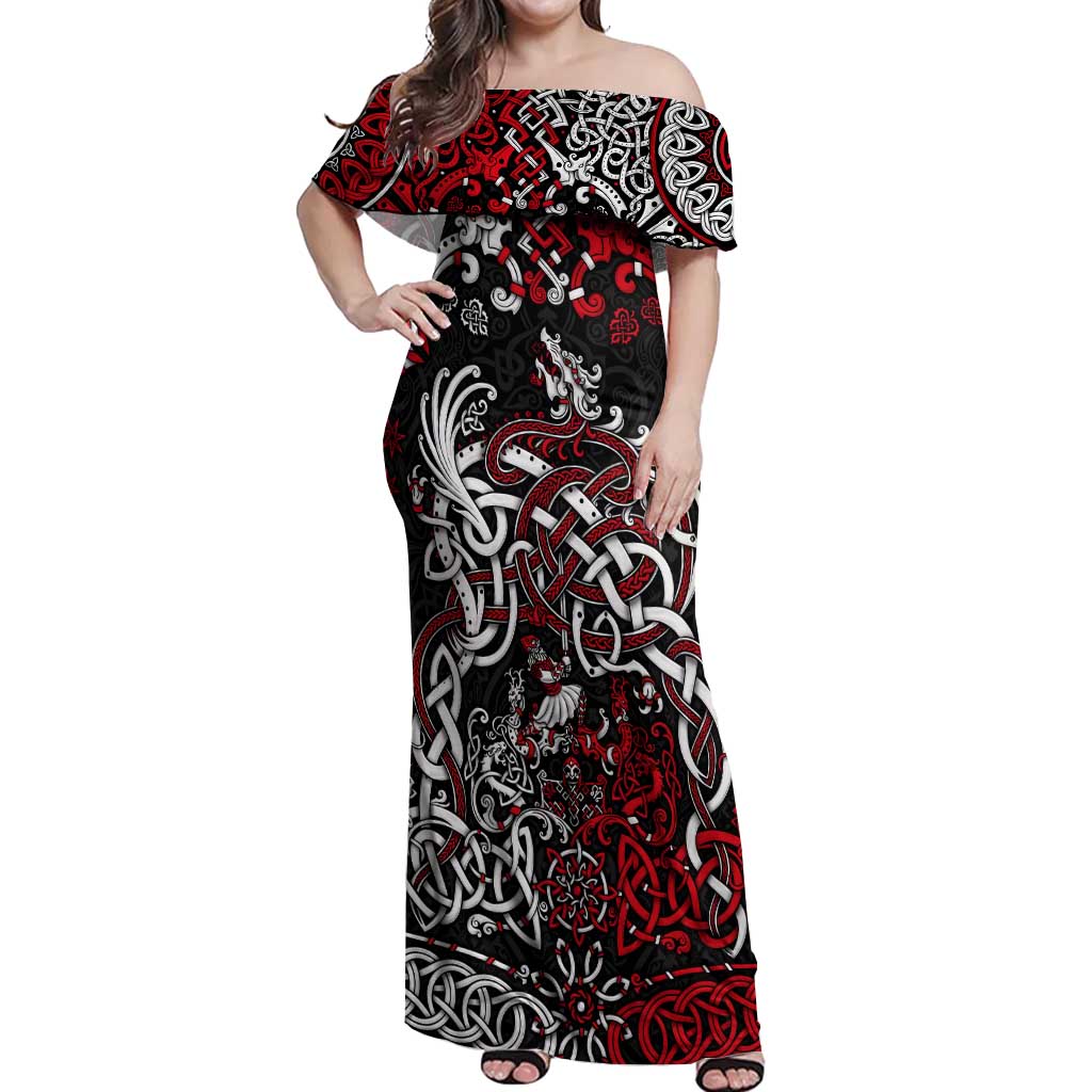 Viking Warrior And Viking Dragons Off Shoulder Maxi Dress - Wonder Print Shop