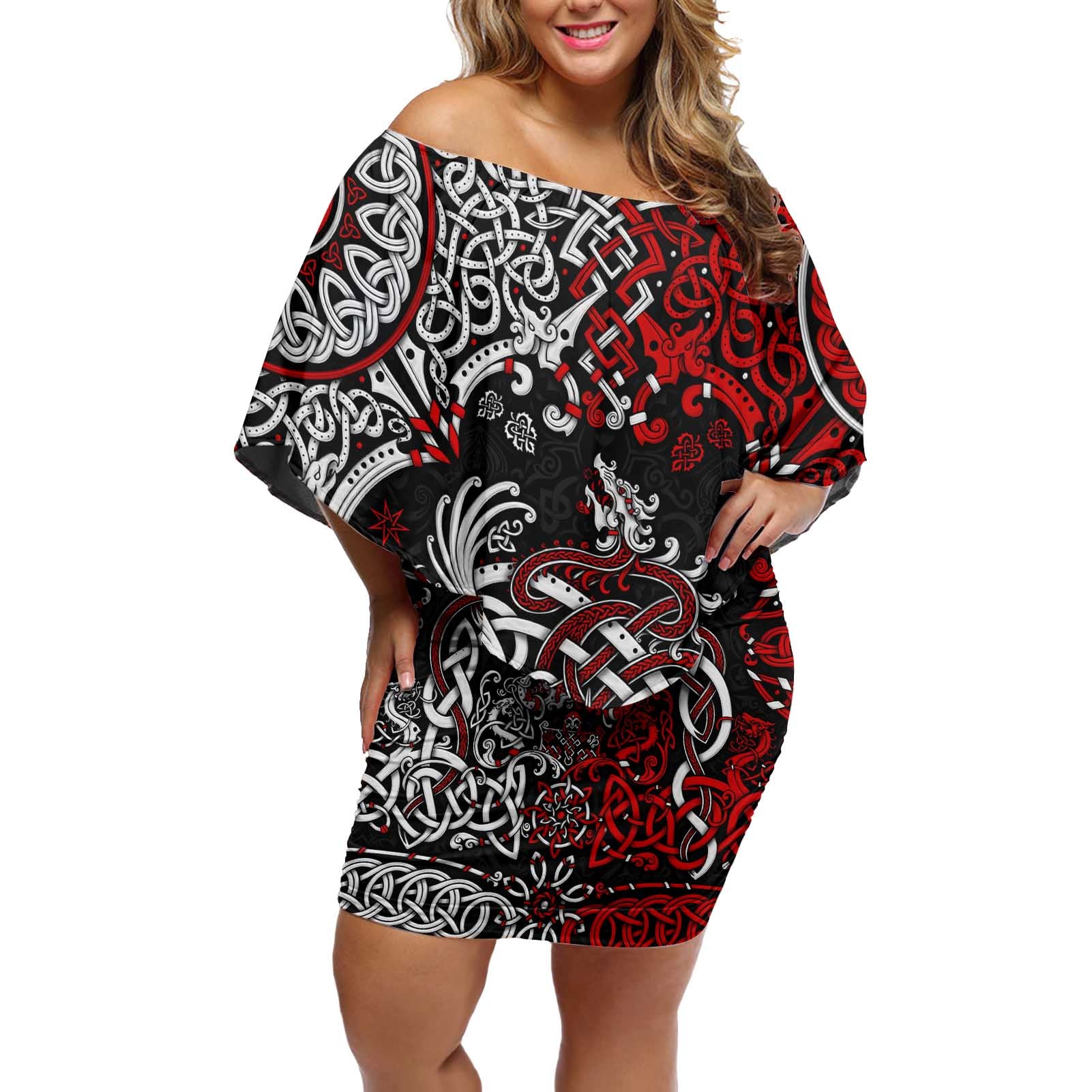 Viking Warrior And Viking Dragons Off Shoulder Short Dress - Wonder Print Shop