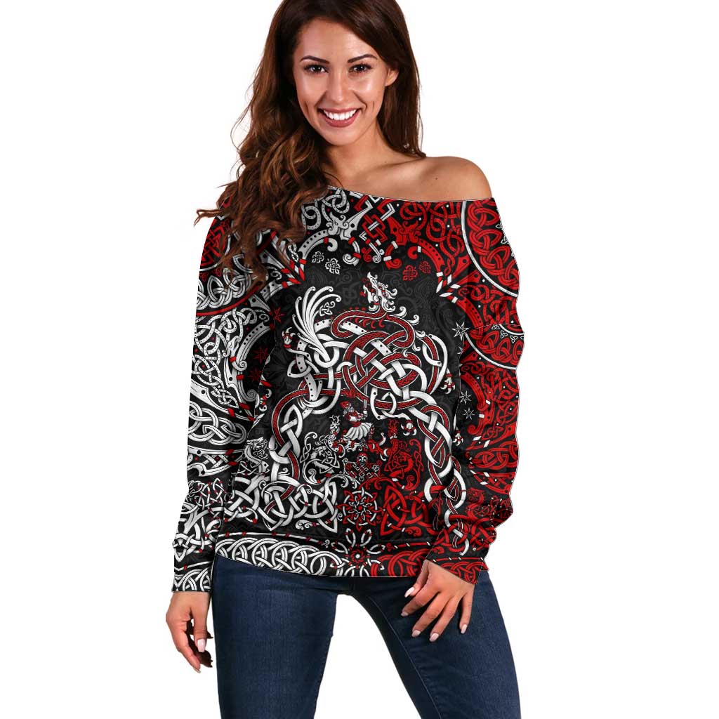 Viking Warrior And Viking Dragons Off Shoulder Sweater - Wonder Print Shop