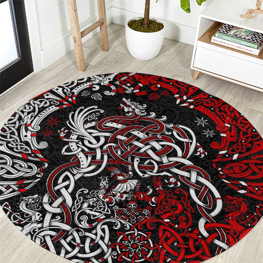 Viking Warrior And Viking Dragons Round Carpet